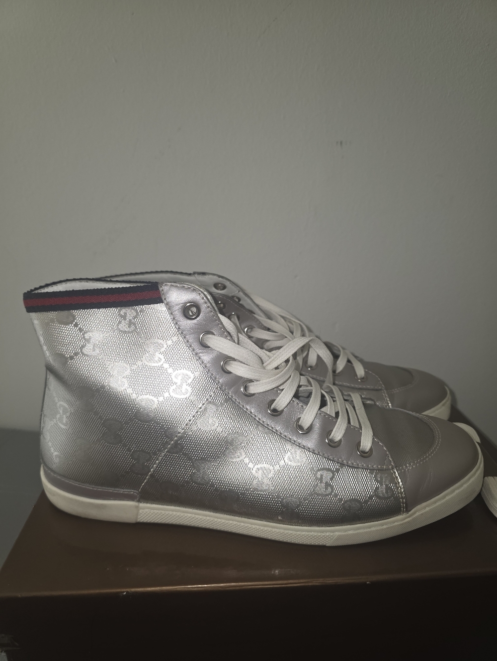 Gucci Silver High-Top Sneakers with Signature Monogram and Web Stripe